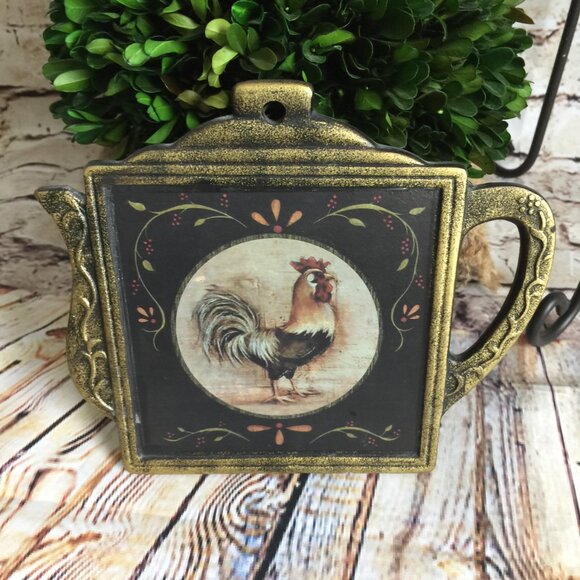 Vintage Rooster Themed Cast Metal Teapot Shaped Trivet/Wall Decor - Picture 7 of 10